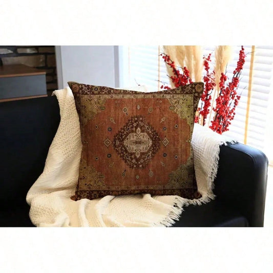 Printed Kilim Pattern Pillow, Faded Oriental Rug Style Throw Pillow With Diamond Medallion In Warm Rust, Brown, Vintage Boho Cushion