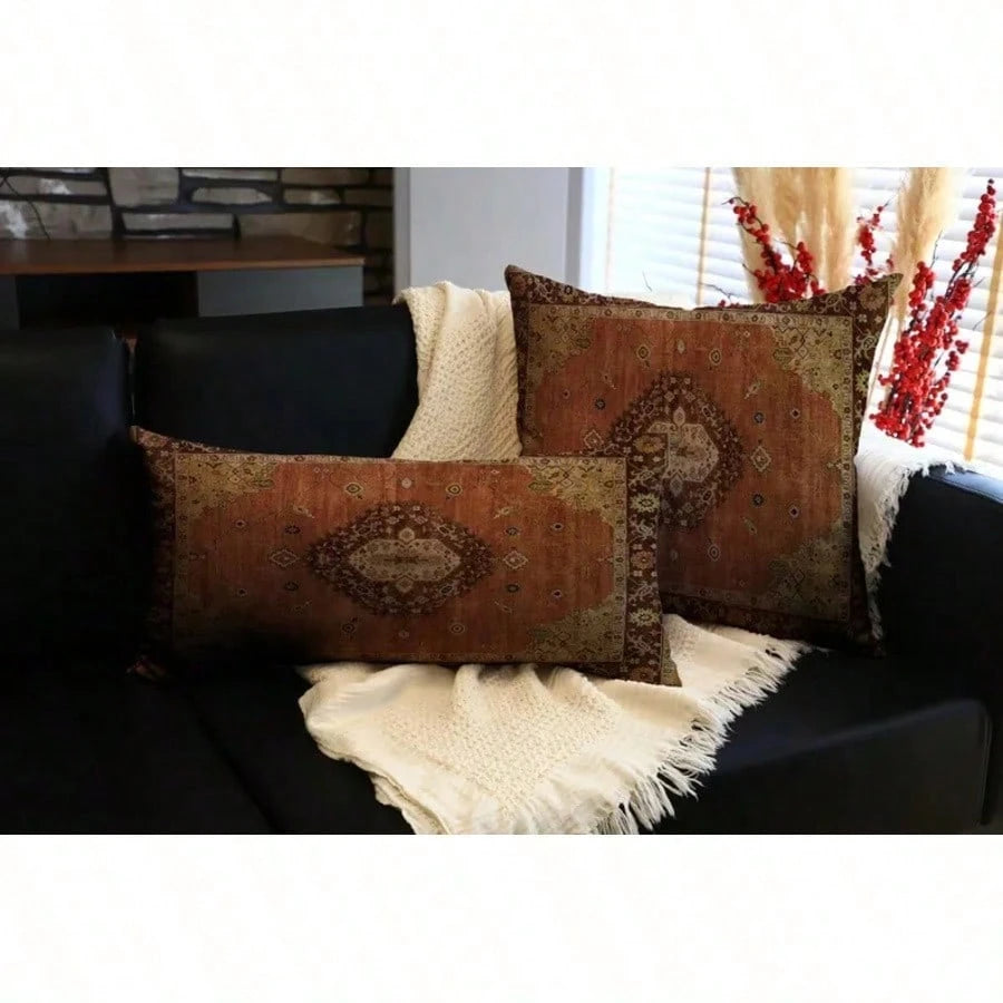 Printed Kilim Pattern Pillow, Faded Oriental Rug Style Throw Pillow With Diamond Medallion In Warm Rust, Brown, Vintage Boho Cushion