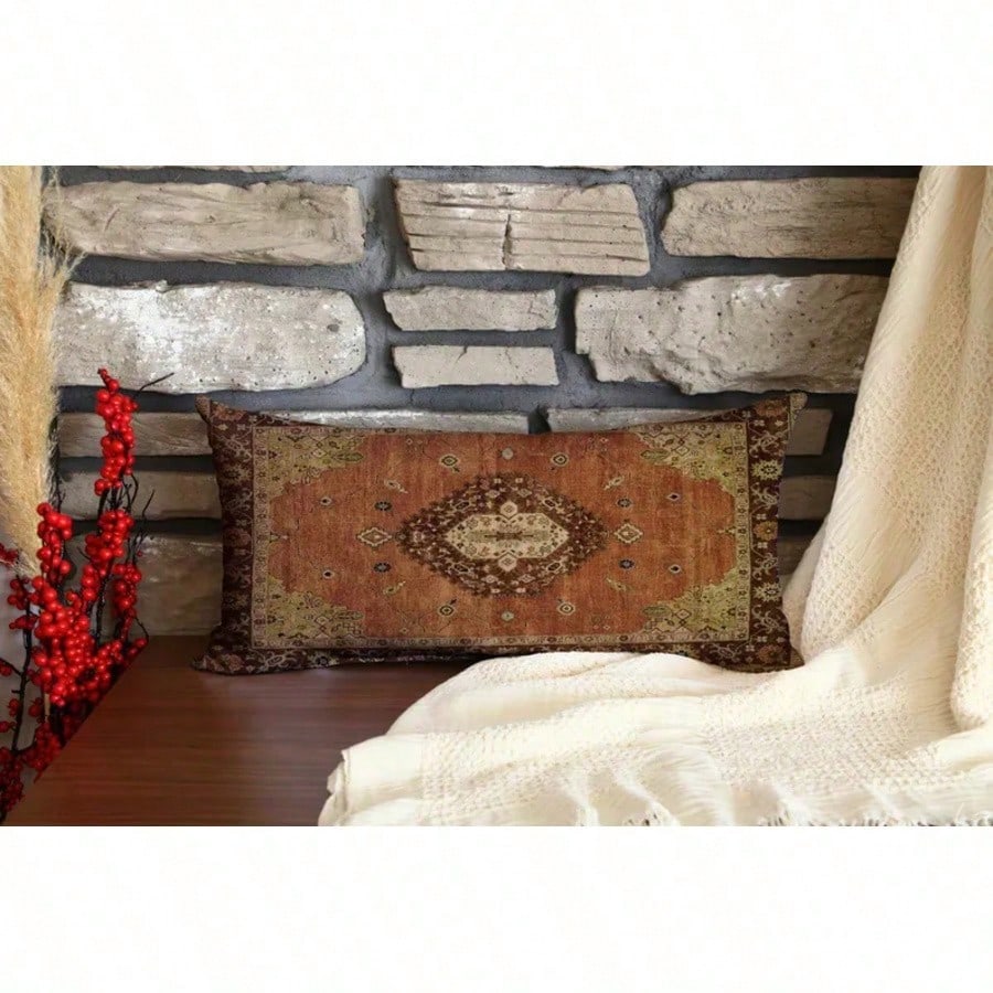 Printed Kilim Pattern Pillow, Faded Oriental Rug Style Throw Pillow With Diamond Medallion In Warm Rust, Brown, Vintage Boho Cushion