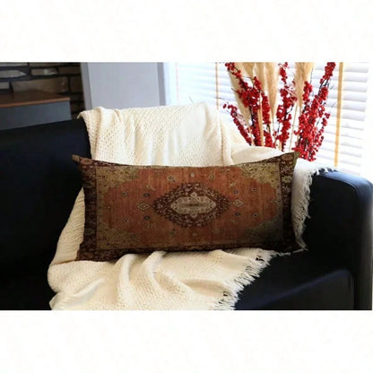 Printed Kilim Pattern Pillow, Faded Oriental Rug Style Throw Pillow With Diamond Medallion In Warm Rust, Brown, Vintage Boho Cushion