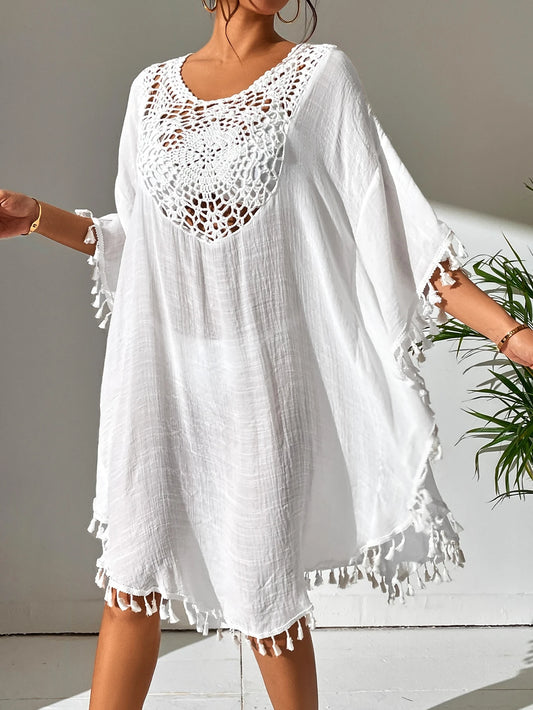Privé Tassel Trim Crochet Detail Cover Up Dress,Summer Beach