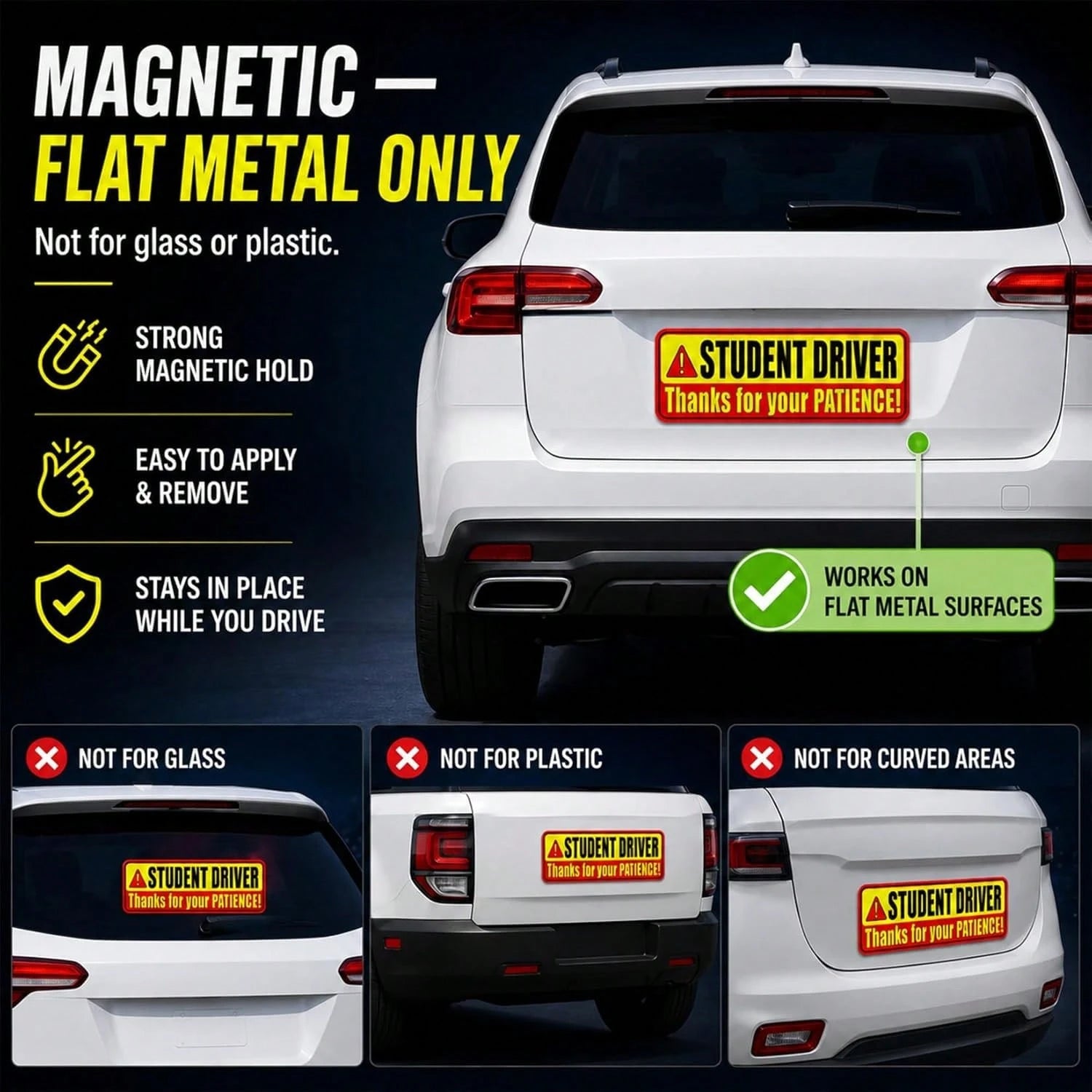 PSLER Student Driver Magnet For Car- Please Be Patient Student Driver Magnet 3 Pack Reflective Magnetic Car Sign Heavy Duty New Driver Safety For Teen Training