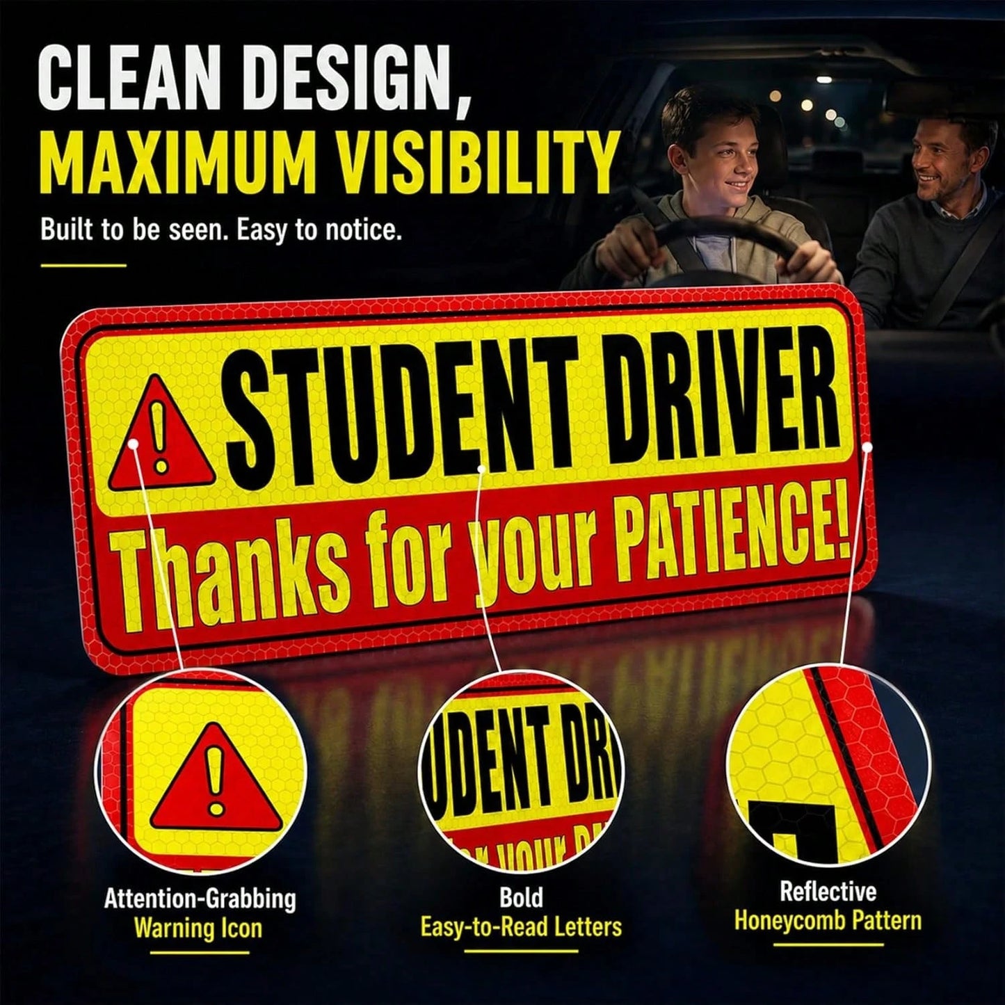 PSLER Student Driver Magnet For Car- Please Be Patient Student Driver Magnet 3 Pack Reflective Magnetic Car Sign Heavy Duty New Driver Safety For Teen Training
