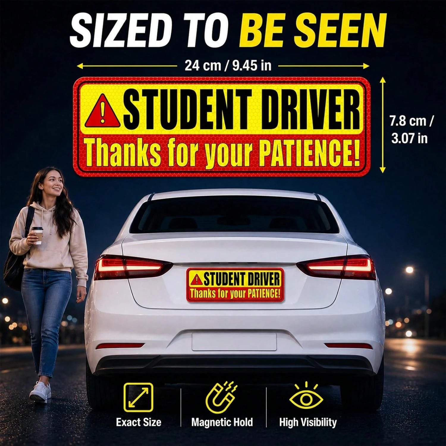 PSLER Student Driver Magnet For Car- Please Be Patient Student Driver Magnet 3 Pack Reflective Magnetic Car Sign Heavy Duty New Driver Safety For Teen Training