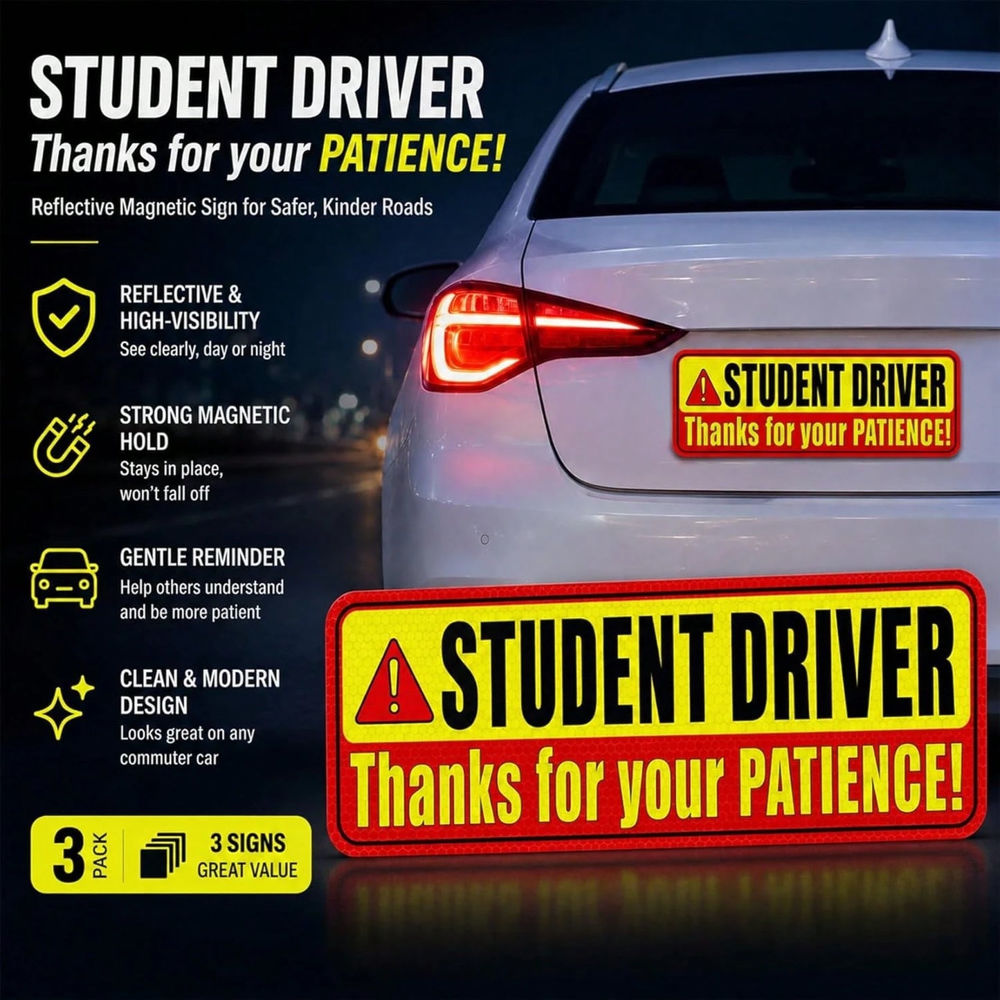 PSLER Student Driver Magnet For Car- Please Be Patient Student Driver Magnet 3 Pack Reflective Magnetic Car Sign Heavy Duty New Driver Safety For Teen Training