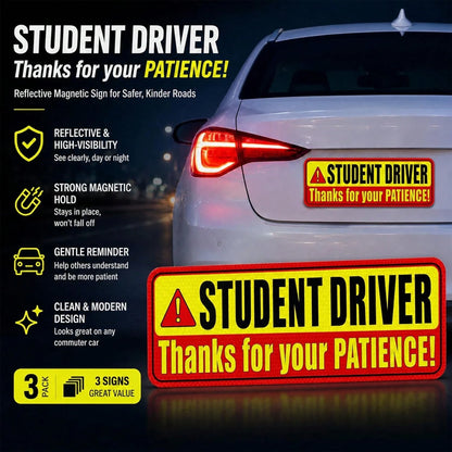 PSLER Student Driver Magnet For Car- Please Be Patient Student Driver Magnet 3 Pack Reflective Magnetic Car Sign Heavy Duty New Driver Safety For Teen Training