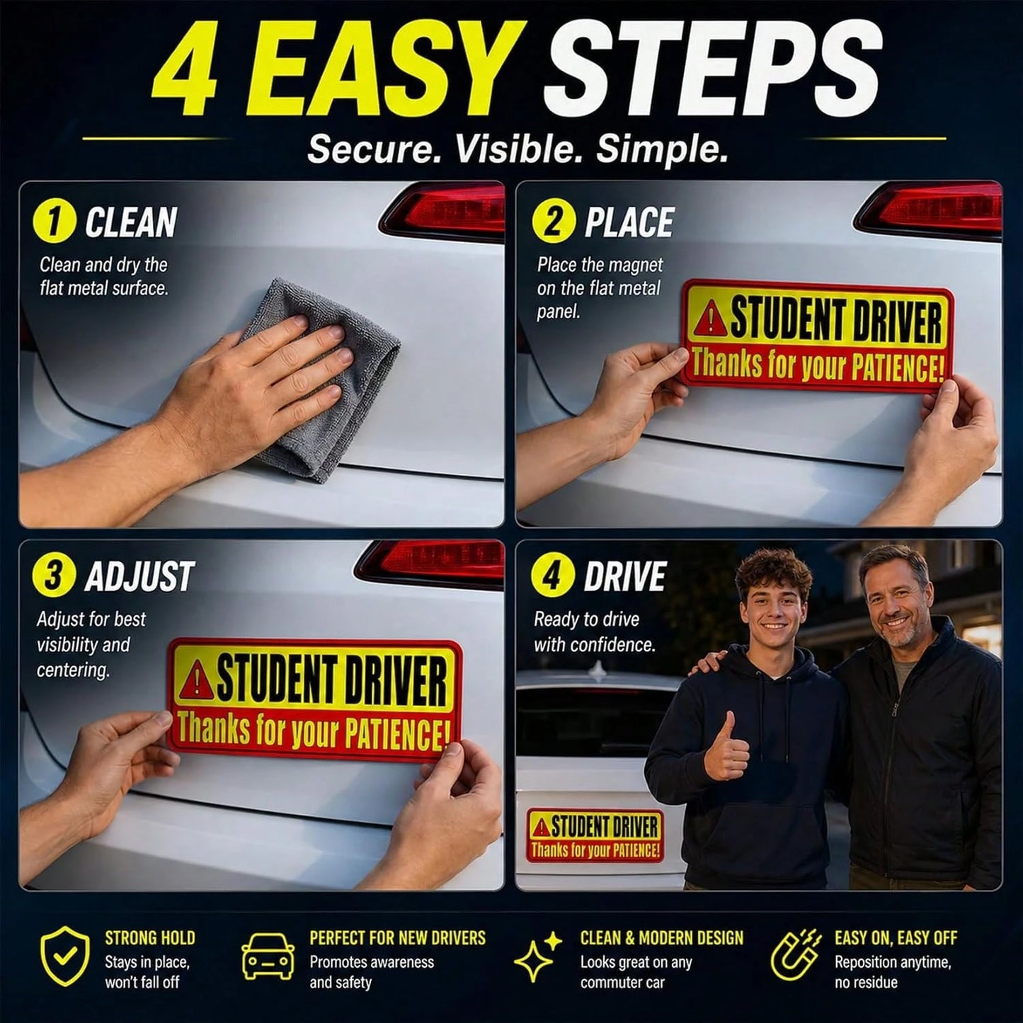 PSLER Student Driver Magnet For Car- Please Be Patient Student Driver Magnet 3 Pack Reflective Magnetic Car Sign Heavy Duty New Driver Safety For Teen Training