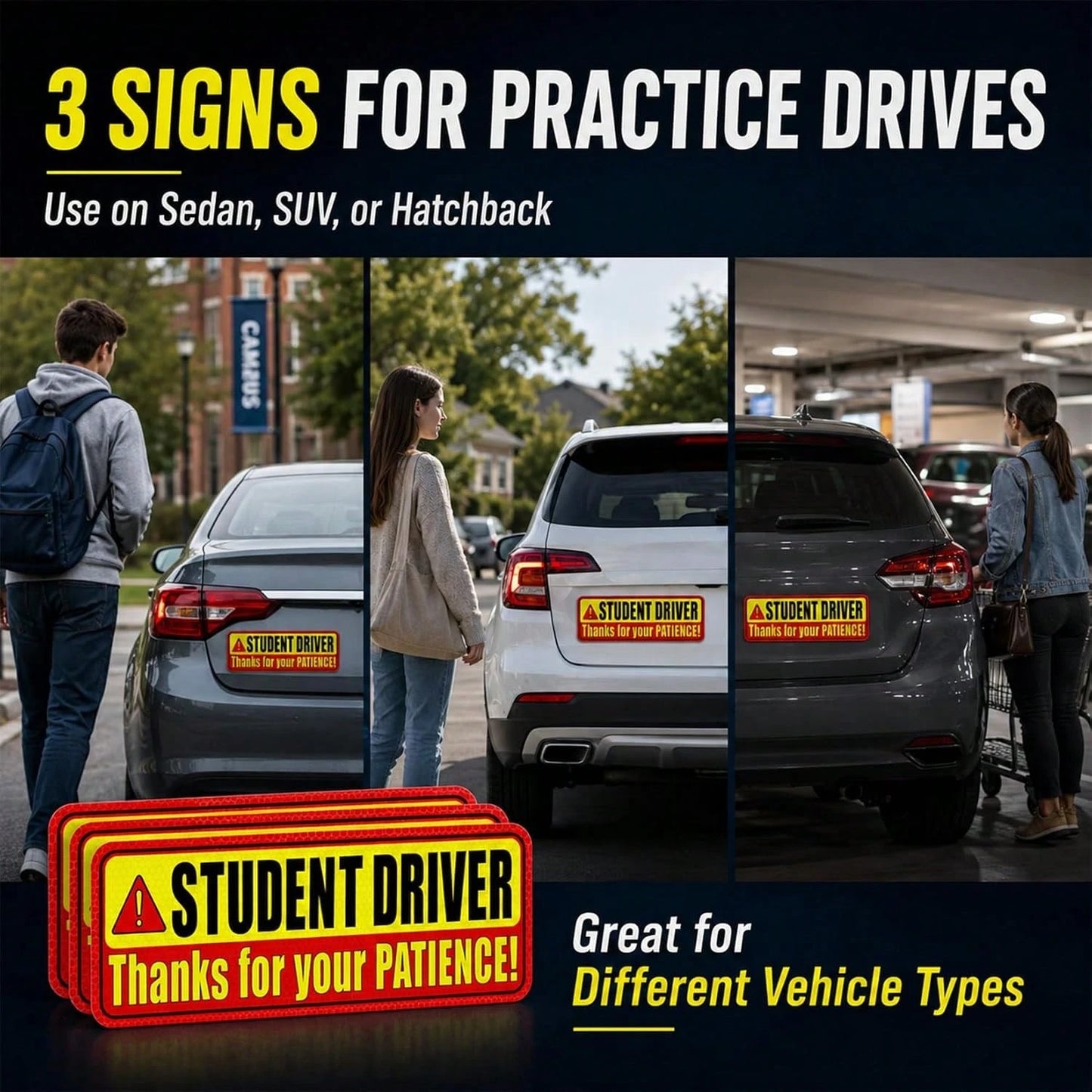 PSLER Student Driver Magnet For Car- Please Be Patient Student Driver Magnet 3 Pack Reflective Magnetic Car Sign Heavy Duty New Driver Safety For Teen Training