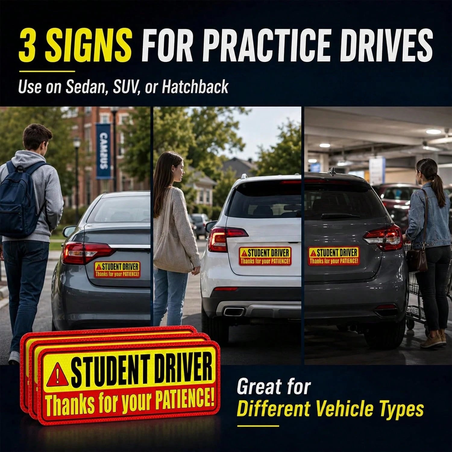 PSLER Student Driver Magnet For Car- Please Be Patient Student Driver Magnet 3 Pack Reflective Magnetic Car Sign Heavy Duty New Driver Safety For Teen Training