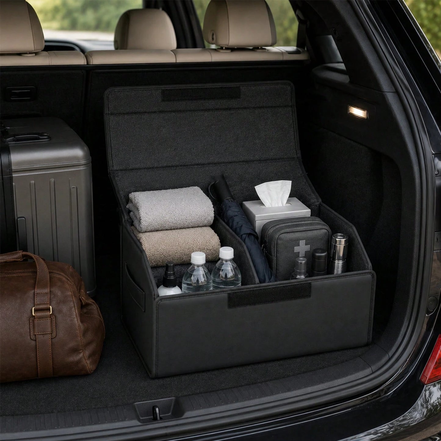 PU Leather Car Trunk Organizer With Lid, Foldable Cargo Storage Box For SUV, Sedan And Truck, Quilted Auto Storage Bin For Groceries, Tools, Cleaning Supplies, Travel Gear And Car Accessories