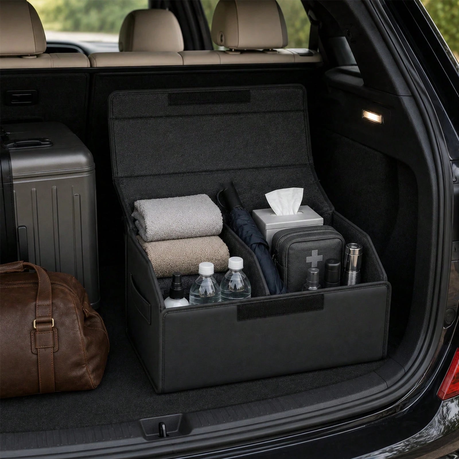 PU Leather Car Trunk Organizer With Lid, Foldable Cargo Storage Box For SUV, Sedan And Truck, Quilted Auto Storage Bin For Groceries, Tools, Cleaning Supplies, Travel Gear And Car Accessories