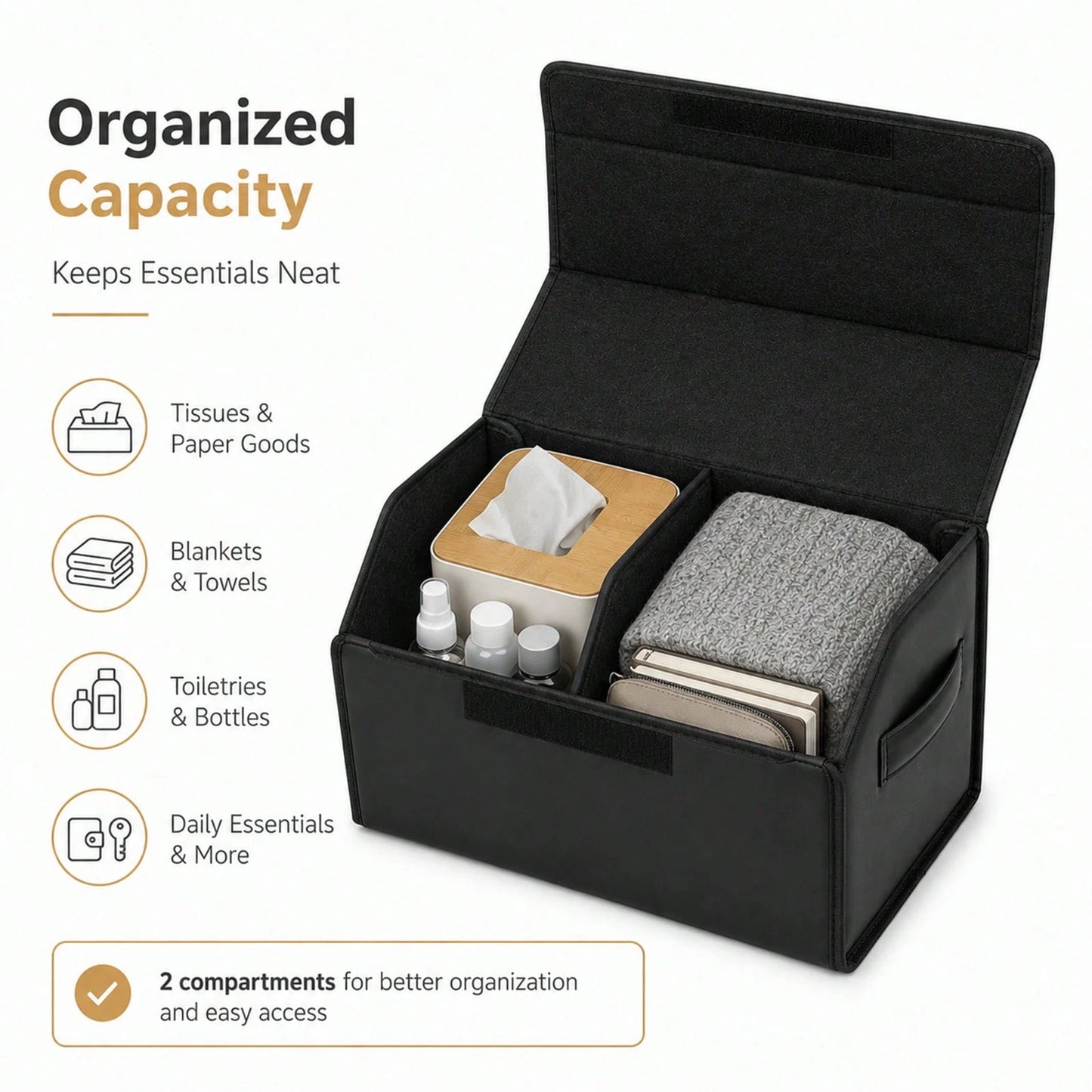 PU Leather Car Trunk Organizer With Lid, Foldable Cargo Storage Box For SUV, Sedan And Truck, Quilted Auto Storage Bin For Groceries, Tools, Cleaning Supplies, Travel Gear And Car Accessories