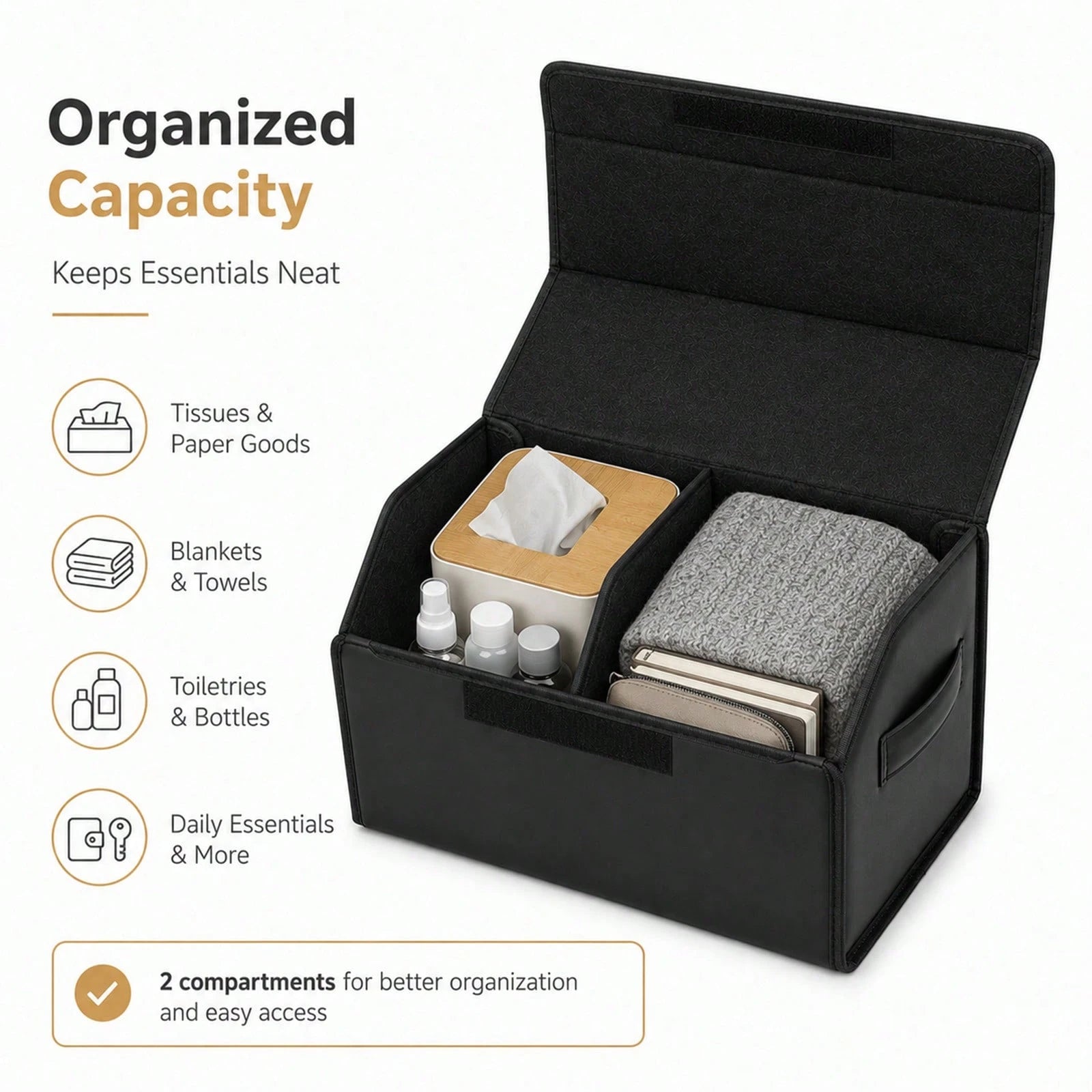 PU Leather Car Trunk Organizer With Lid, Foldable Cargo Storage Box For SUV, Sedan And Truck, Quilted Auto Storage Bin For Groceries, Tools, Cleaning Supplies, Travel Gear And Car Accessories