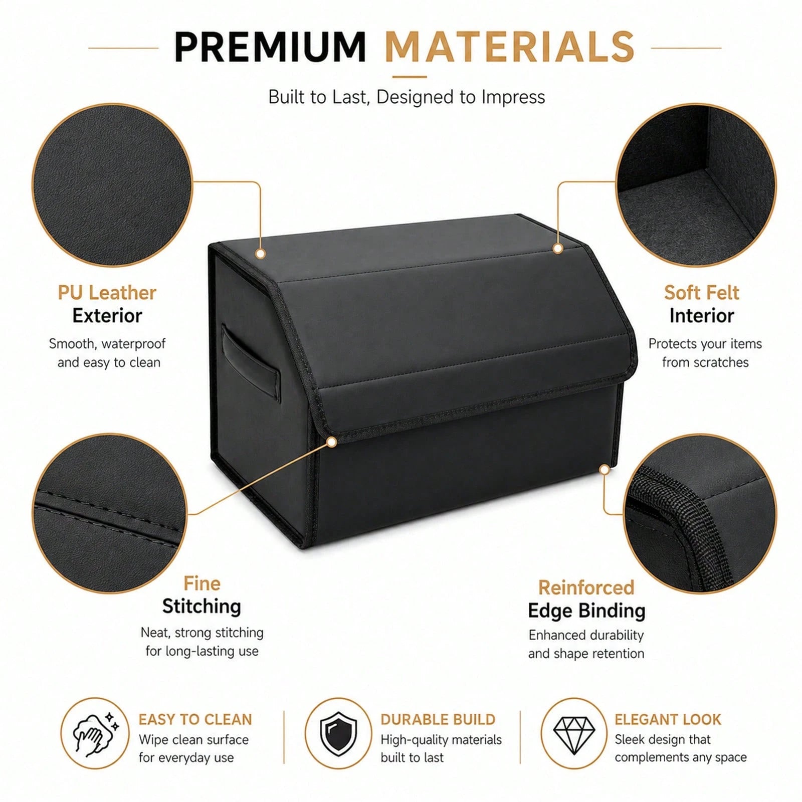 PU Leather Car Trunk Organizer With Lid, Foldable Cargo Storage Box For SUV, Sedan And Truck, Quilted Auto Storage Bin For Groceries, Tools, Cleaning Supplies, Travel Gear And Car Accessories