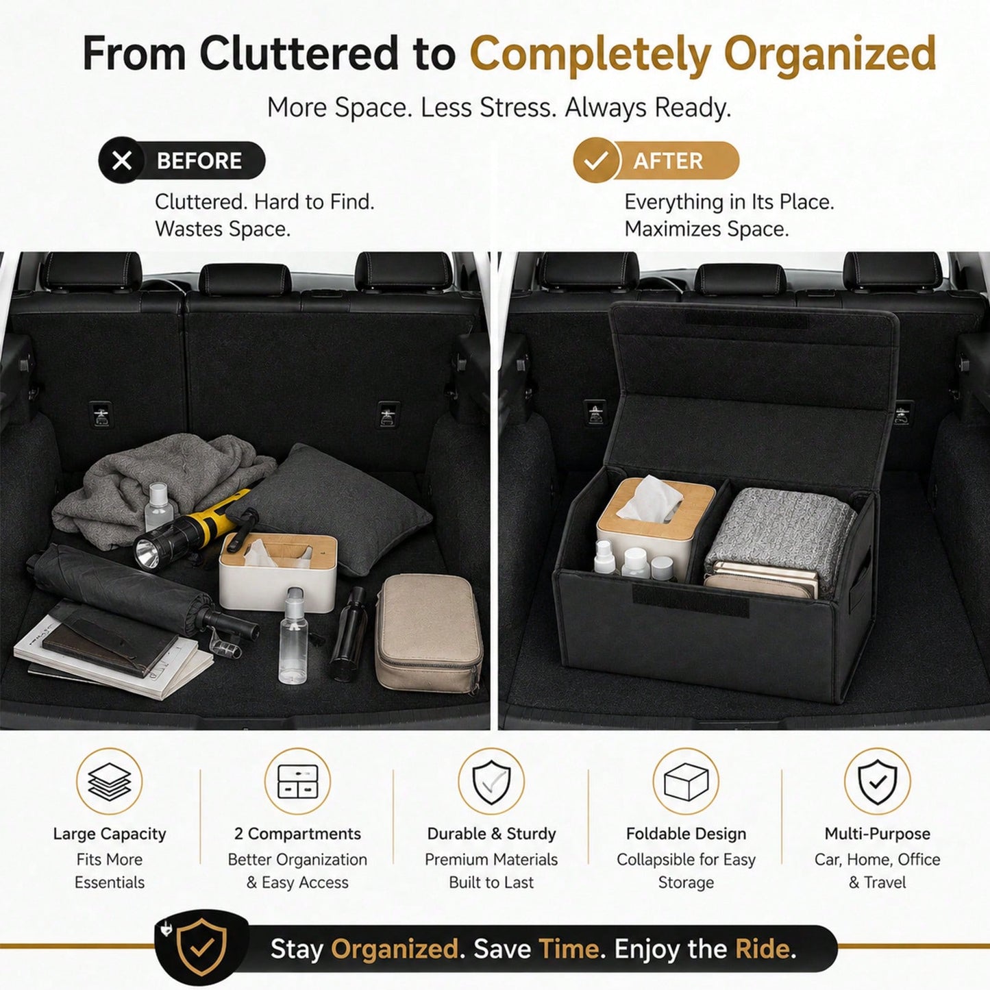 PU Leather Car Trunk Organizer With Lid, Foldable Cargo Storage Box For SUV, Sedan And Truck, Quilted Auto Storage Bin For Groceries, Tools, Cleaning Supplies, Travel Gear And Car Accessories