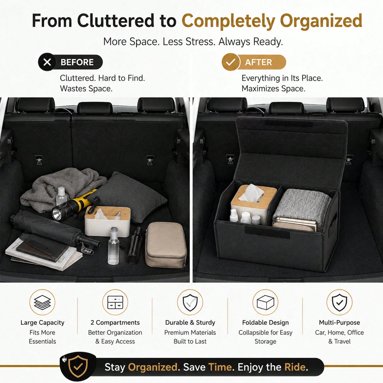 PU Leather Car Trunk Organizer With Lid, Foldable Cargo Storage Box For SUV, Sedan And Truck, Quilted Auto Storage Bin For Groceries, Tools, Cleaning Supplies, Travel Gear And Car Accessories