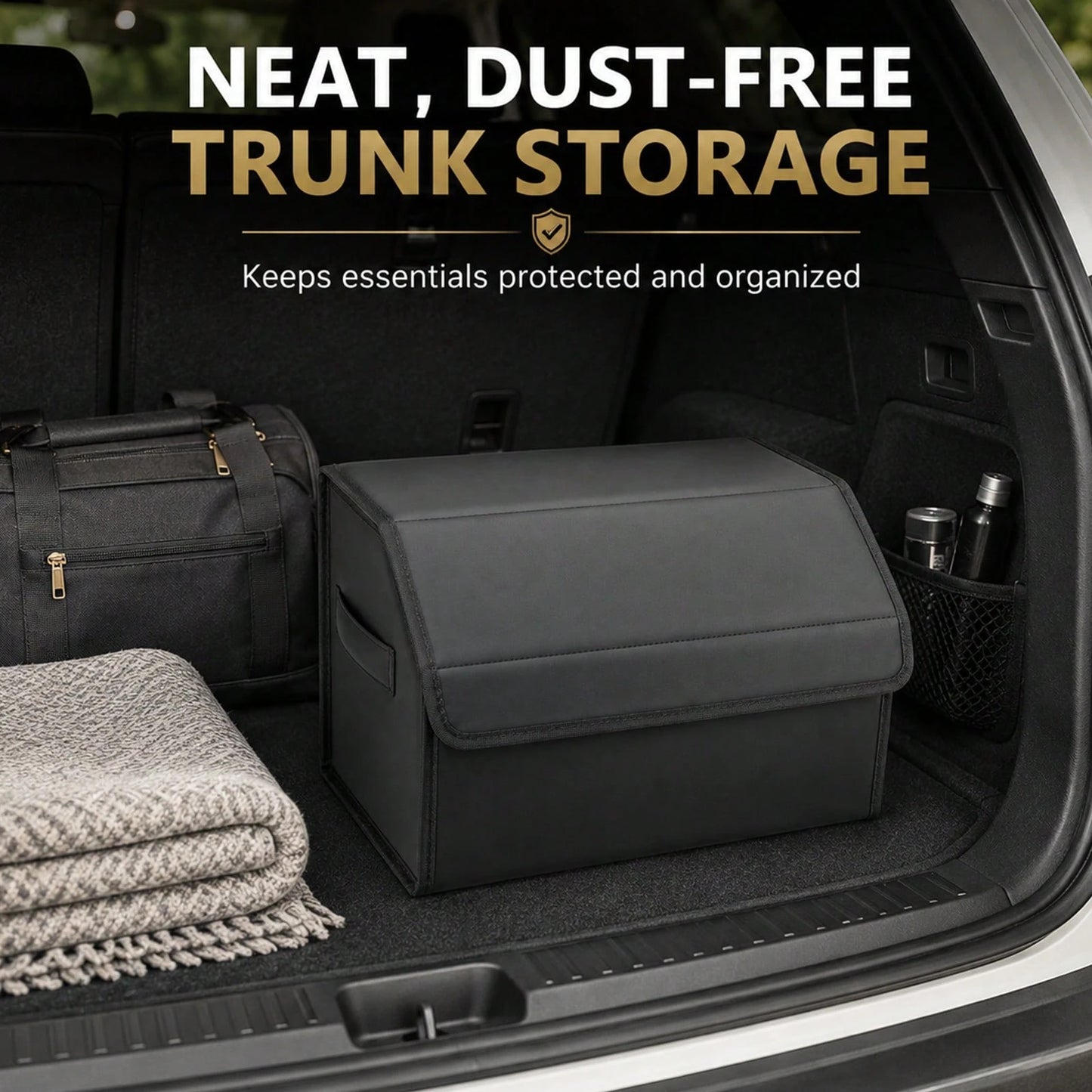 PU Leather Car Trunk Organizer With Lid, Foldable Cargo Storage Box For SUV, Sedan And Truck, Quilted Auto Storage Bin For Groceries, Tools, Cleaning Supplies, Travel Gear And Car Accessories