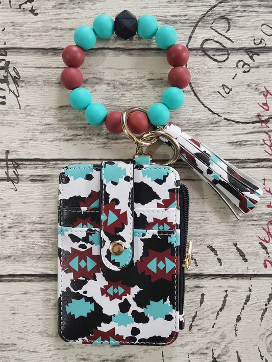 PU Leather Tassel Wallet, Silicone Beaded Keychain, Silicone Beaded Bracelet, Silicone Beaded Wrist Strap Card Holder, Purple Black Rhombus Grid Card Holder, Western Cowboy Card Holder, Card Sleeve, C