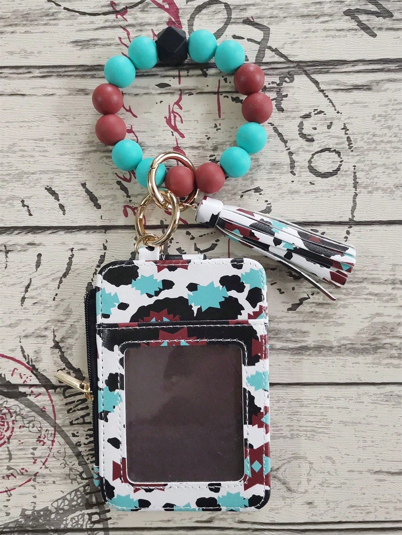 PU Leather Tassel Wallet, Silicone Beaded Keychain, Silicone Beaded Bracelet, Silicone Beaded Wrist Strap Card Holder, Purple Black Rhombus Grid Card Holder, Western Cowboy Card Holder, Card Sleeve, C