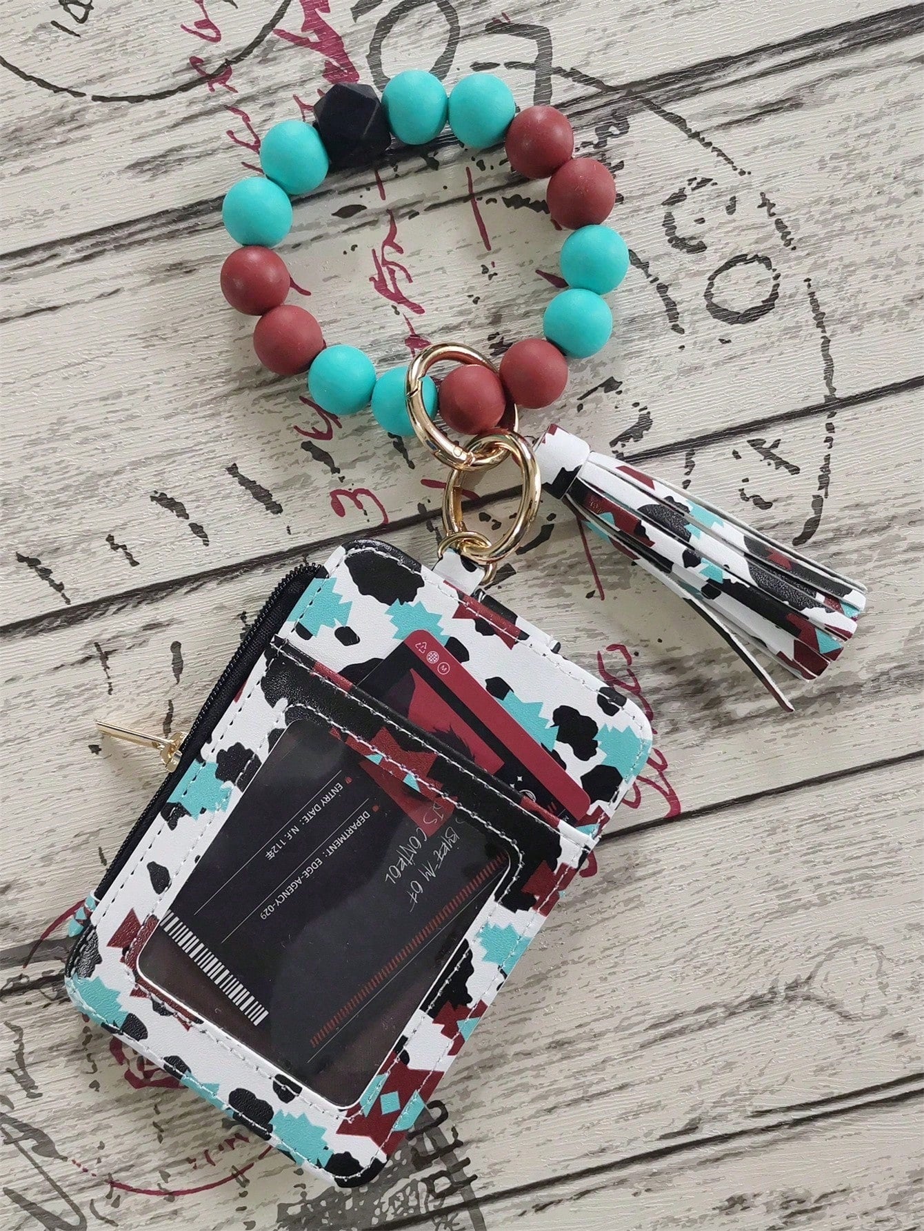 PU Leather Tassel Wallet, Silicone Beaded Keychain, Silicone Beaded Bracelet, Silicone Beaded Wrist Strap Card Holder, Purple Black Rhombus Grid Card Holder, Western Cowboy Card Holder, Card Sleeve, C