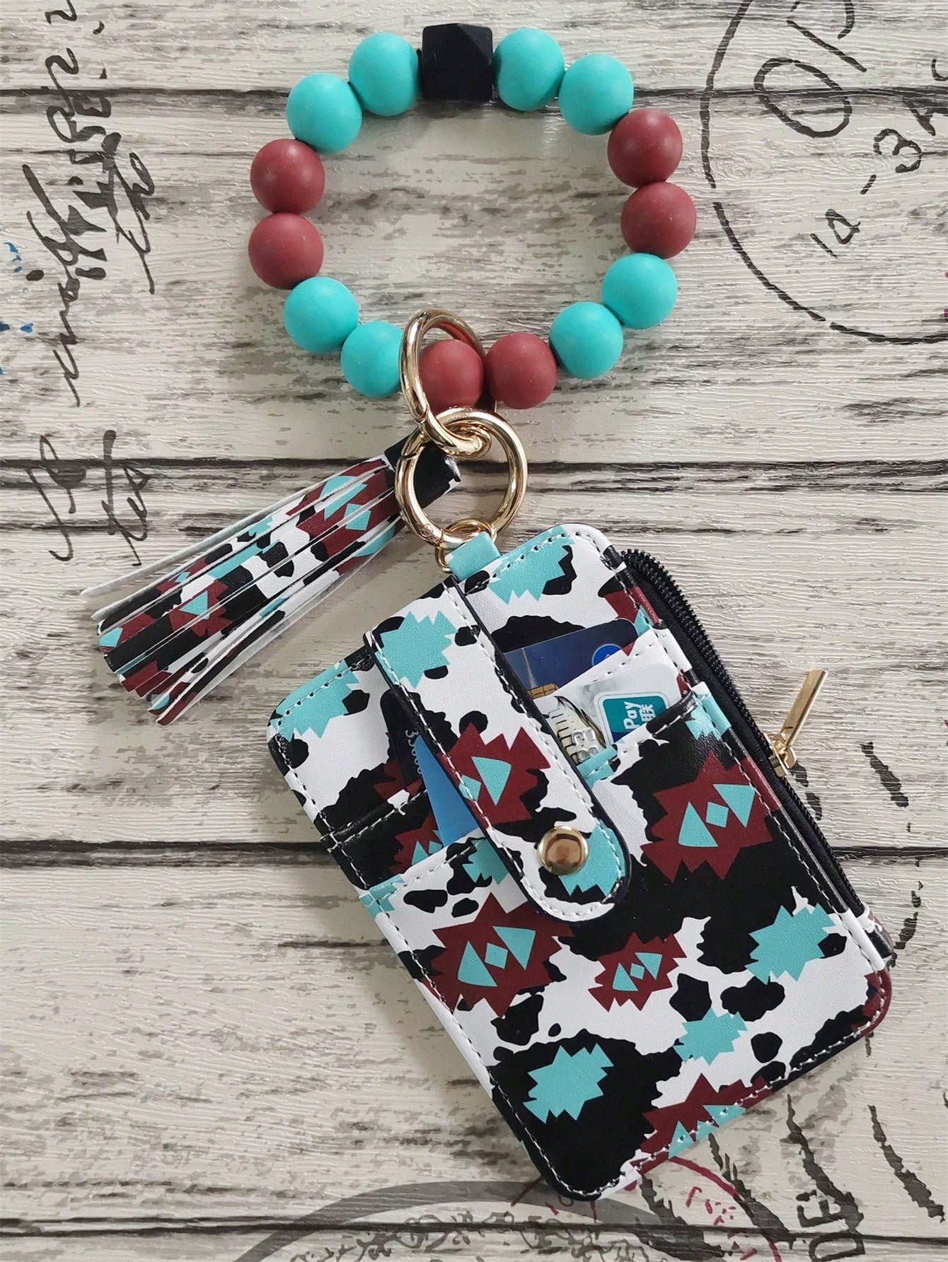 PU Leather Tassel Wallet, Silicone Beaded Keychain, Silicone Beaded Bracelet, Silicone Beaded Wrist Strap Card Holder, Purple Black Rhombus Grid Card Holder, Western Cowboy Card Holder, Card Sleeve, C