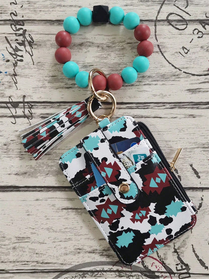 PU Leather Tassel Wallet, Silicone Beaded Keychain, Silicone Beaded Bracelet, Silicone Beaded Wrist Strap Card Holder, Purple Black Rhombus Grid Card Holder, Western Cowboy Card Holder, Card Sleeve, C