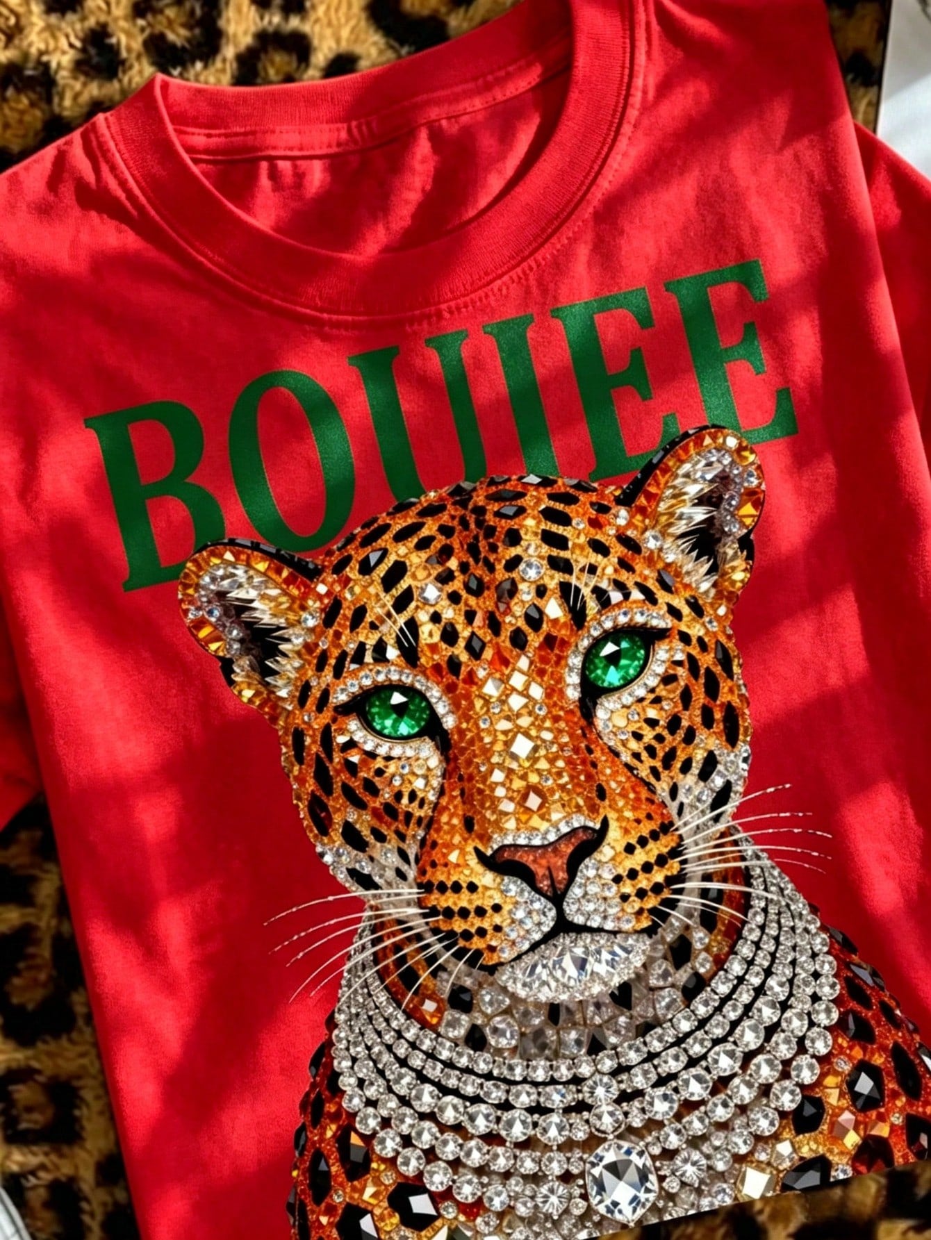 Pure Cotton Loose Fit Boujee Leopard Print T Shirt With Rhinestone Print Embellished Animal Design Glamorous Sparkly Graphic Tee For Women Fashion Ca