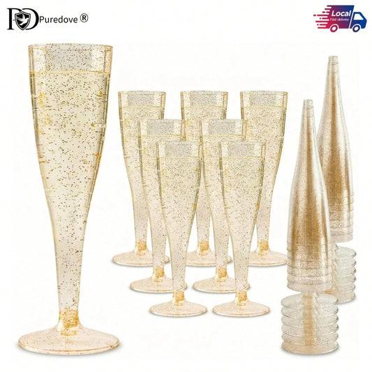 PUREDOVE 25/50pcs Transparent Gold Glitter Reusable Champagne Flutes- Stackable, Party Cups For Wedding, Birthday, Picnic& Events, Stylish& Easy To Store