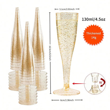 PUREDOVE 25/50pcs Transparent Gold Glitter Reusable Champagne Flutes- Stackable, Party Cups For Wedding, Birthday, Picnic& Events, Stylish& Easy To Store