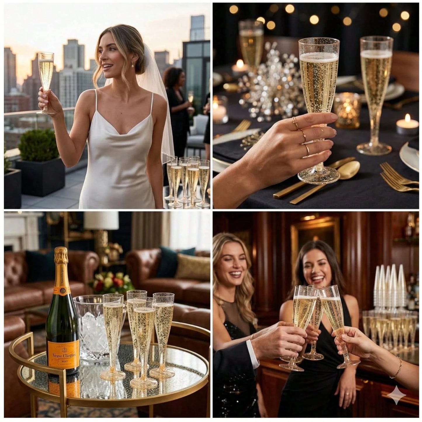 PUREDOVE 25/50pcs Transparent Gold Glitter Reusable Champagne Flutes- Stackable, Party Cups For Wedding, Birthday, Picnic& Events, Stylish& Easy To Store