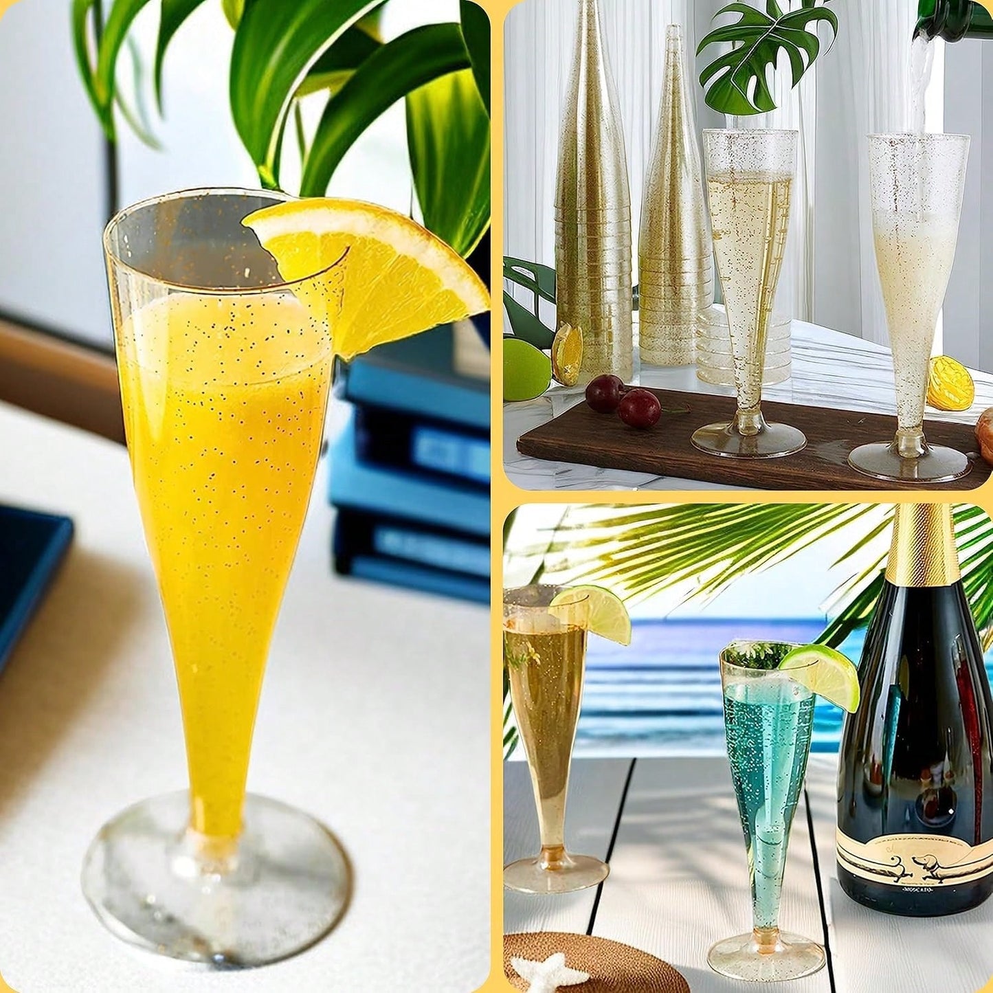 PUREDOVE 25/50pcs Transparent Gold Glitter Reusable Champagne Flutes- Stackable, Party Cups For Wedding, Birthday, Picnic& Events, Stylish& Easy To Store