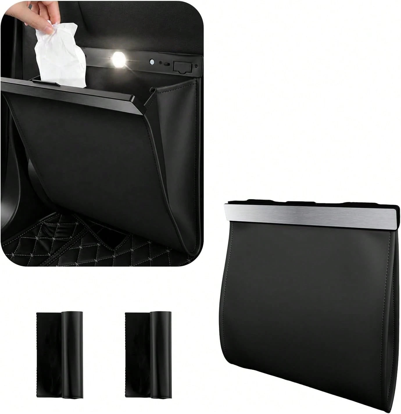 Purthog 2026 New Car Trash Can With LED Light &Amp; Strong Magnet Closure,Leather Car Trash Bin With 12 Bags,Large Capacity Cars Garbage Can As Cars Organizer For Back Seat_Door