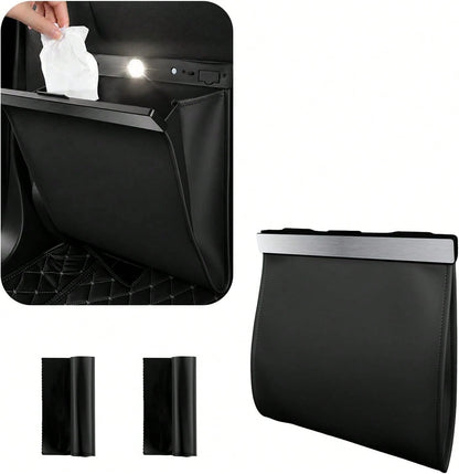 Purthog 2026 New Car Trash Can With LED Light &Amp; Strong Magnet Closure,Leather Car Trash Bin With 12 Bags,Large Capacity Cars Garbage Can As Cars Organizer For Back Seat_Door