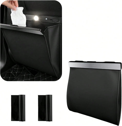 Purthog 2026 New Car Trash Can With LED Light &Amp; Strong Magnet Closure,Leather Car Trash Bin With 12 Bags,Large Capacity Cars Garbage Can As Cars Organizer For Back Seat_Door