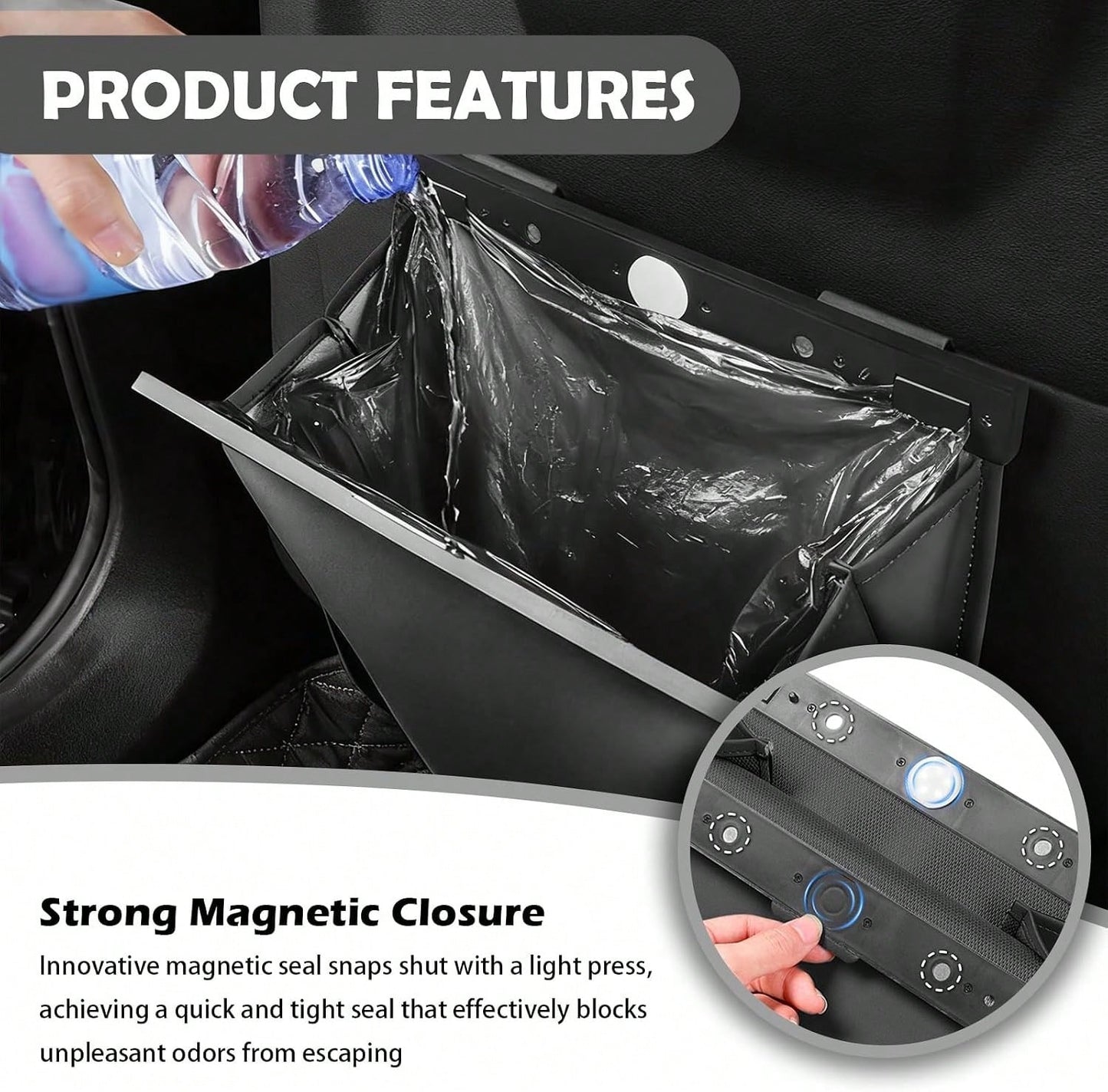 Purthog 2026 New Car Trash Can With LED Light &Amp; Strong Magnet Closure,Leather Car Trash Bin With 12 Bags,Large Capacity Cars Garbage Can As Cars Organizer For Back Seat_Door