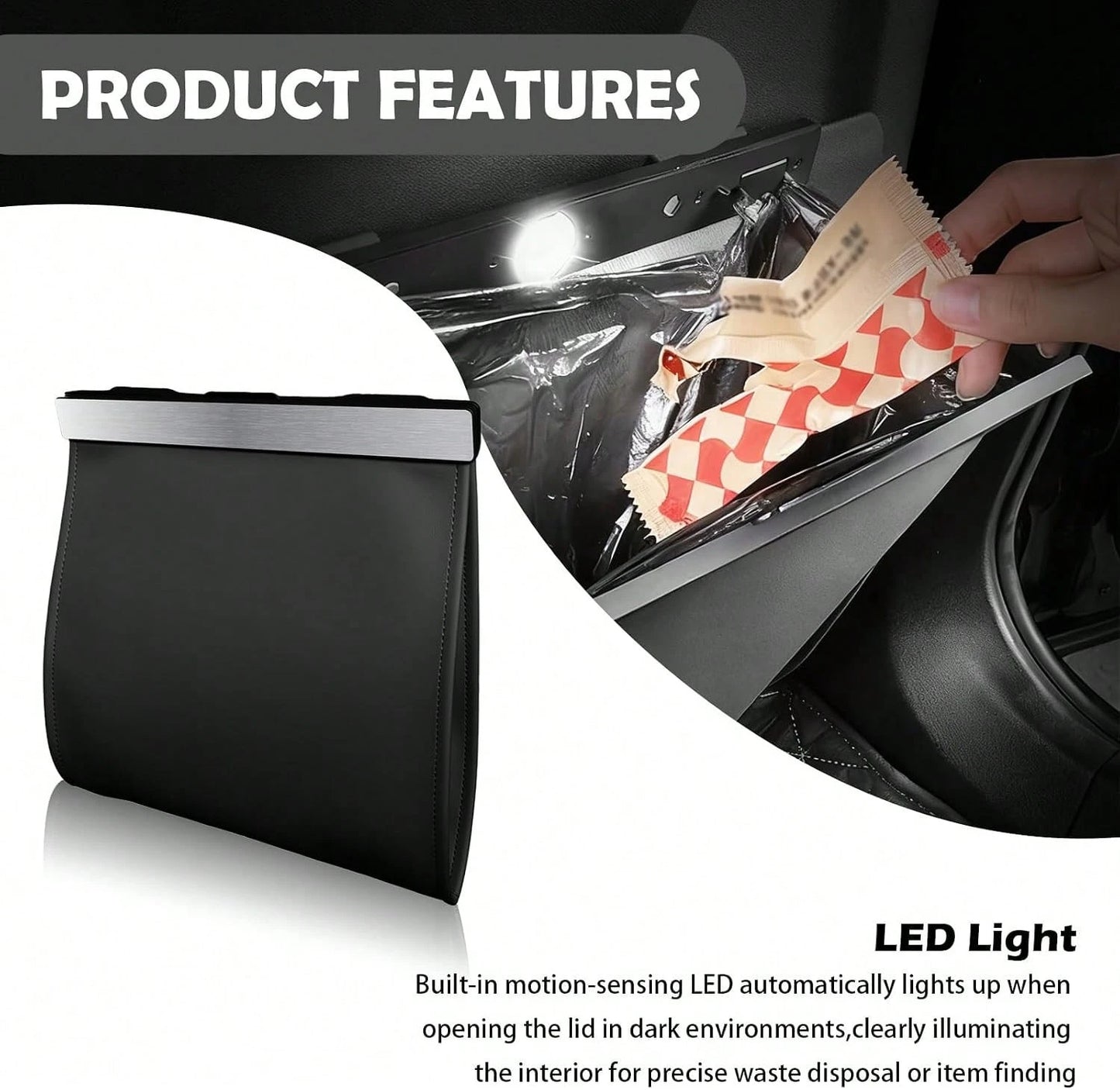 Purthog 2026 New Car Trash Can With LED Light &Amp; Strong Magnet Closure,Leather Car Trash Bin With 12 Bags,Large Capacity Cars Garbage Can As Cars Organizer For Back Seat_Door