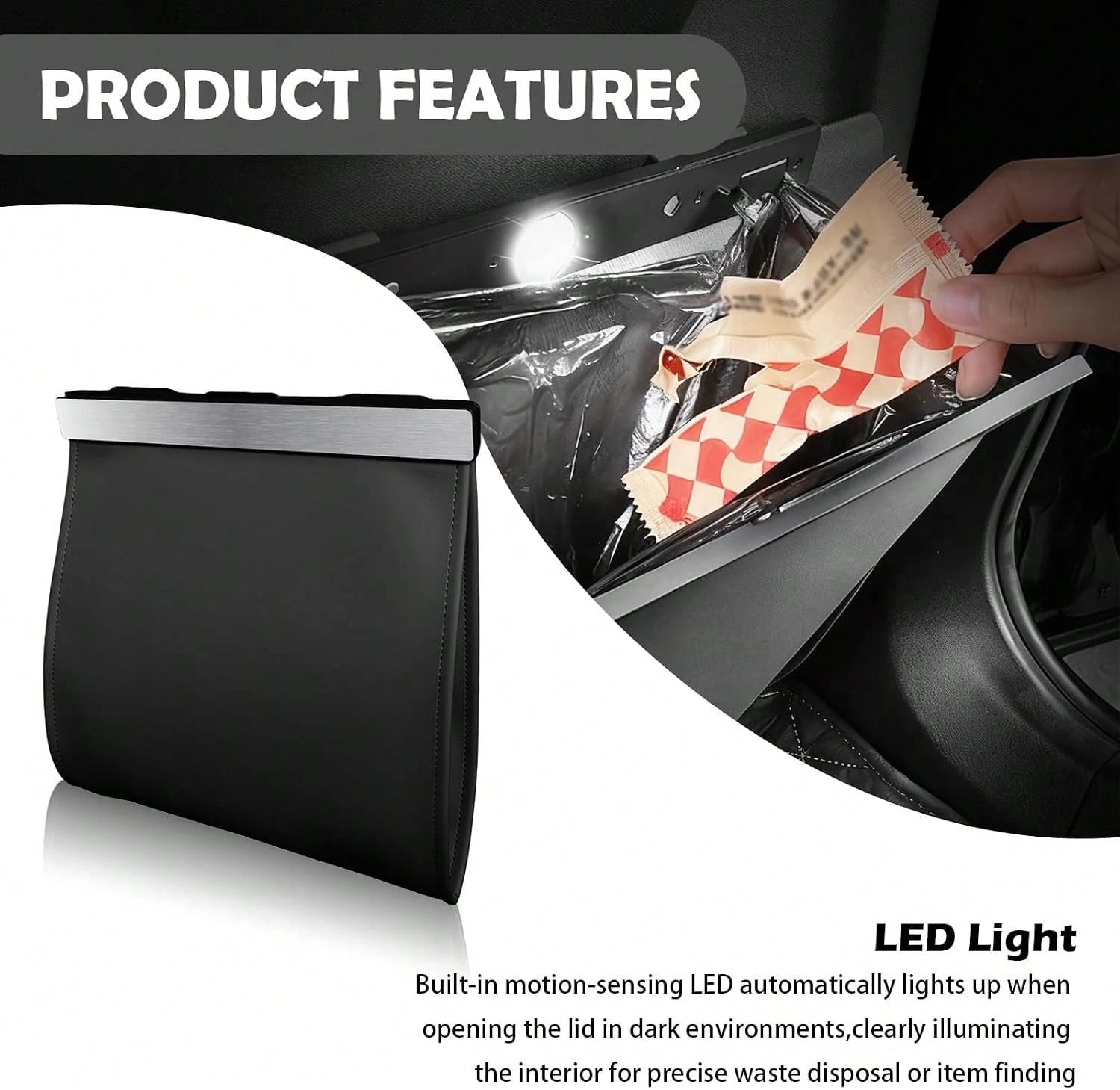 Purthog 2026 New Car Trash Can With LED Light &Amp; Strong Magnet Closure,Leather Car Trash Bin With 12 Bags,Large Capacity Cars Garbage Can As Cars Organizer For Back Seat_Door
