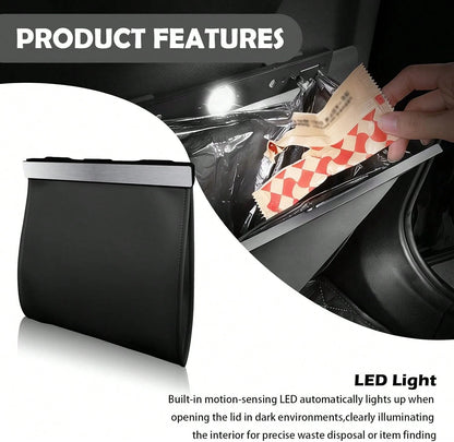 Purthog 2026 New Car Trash Can With LED Light &Amp; Strong Magnet Closure,Leather Car Trash Bin With 12 Bags,Large Capacity Cars Garbage Can As Cars Organizer For Back Seat_Door