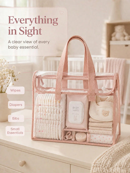 PVC Transparent Baby Storage Tote Bag, Multi-Function Organizer For Diapers, Bottles And Wipes, Portable Newborn Supplies Organizer Bag, Nursery Storage Basket With Handle For Carrying And Hanging, La