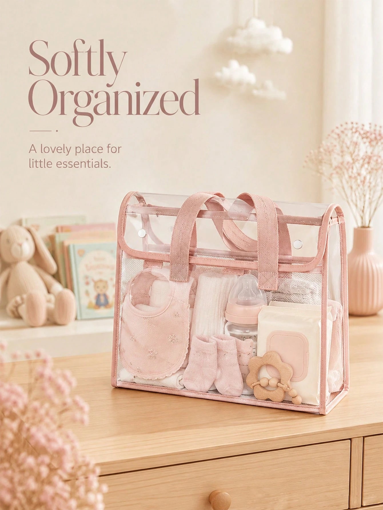 PVC Transparent Baby Storage Tote Bag, Multi-Function Organizer For Diapers, Bottles And Wipes, Portable Newborn Supplies Organizer Bag, Nursery Storage Basket With Handle For Carrying And Hanging, La