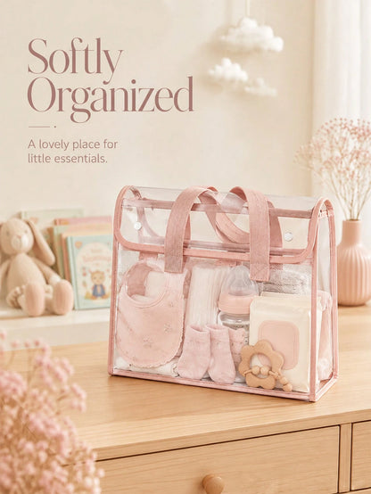 PVC Transparent Baby Storage Tote Bag, Multi-Function Organizer For Diapers, Bottles And Wipes, Portable Newborn Supplies Organizer Bag, Nursery Storage Basket With Handle For Carrying And Hanging, La