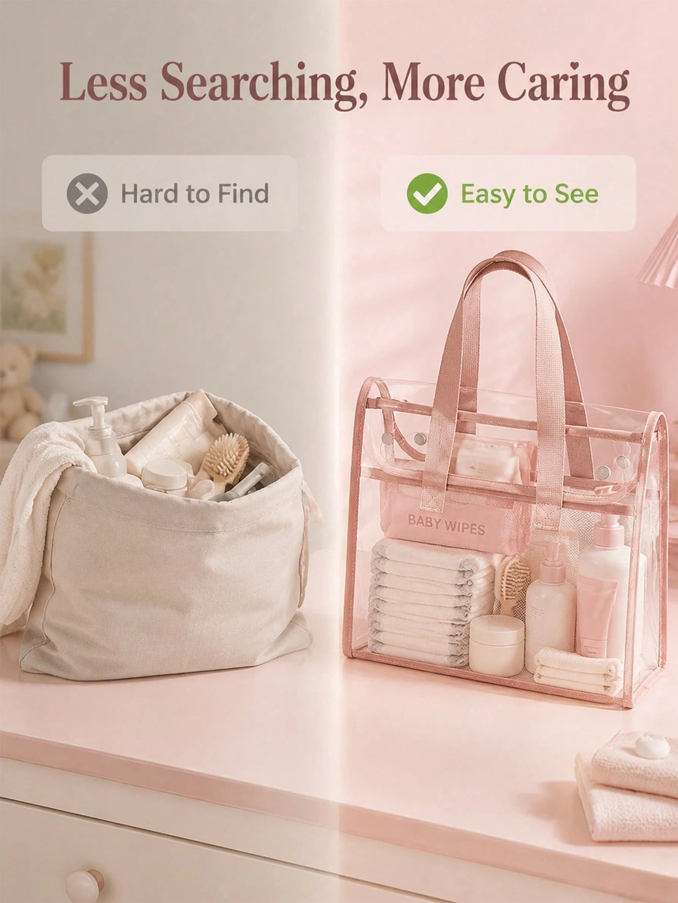 PVC Transparent Baby Storage Tote Bag, Multi-Function Organizer For Diapers, Bottles And Wipes, Portable Newborn Supplies Organizer Bag, Nursery Storage Basket With Handle For Carrying And Hanging, La