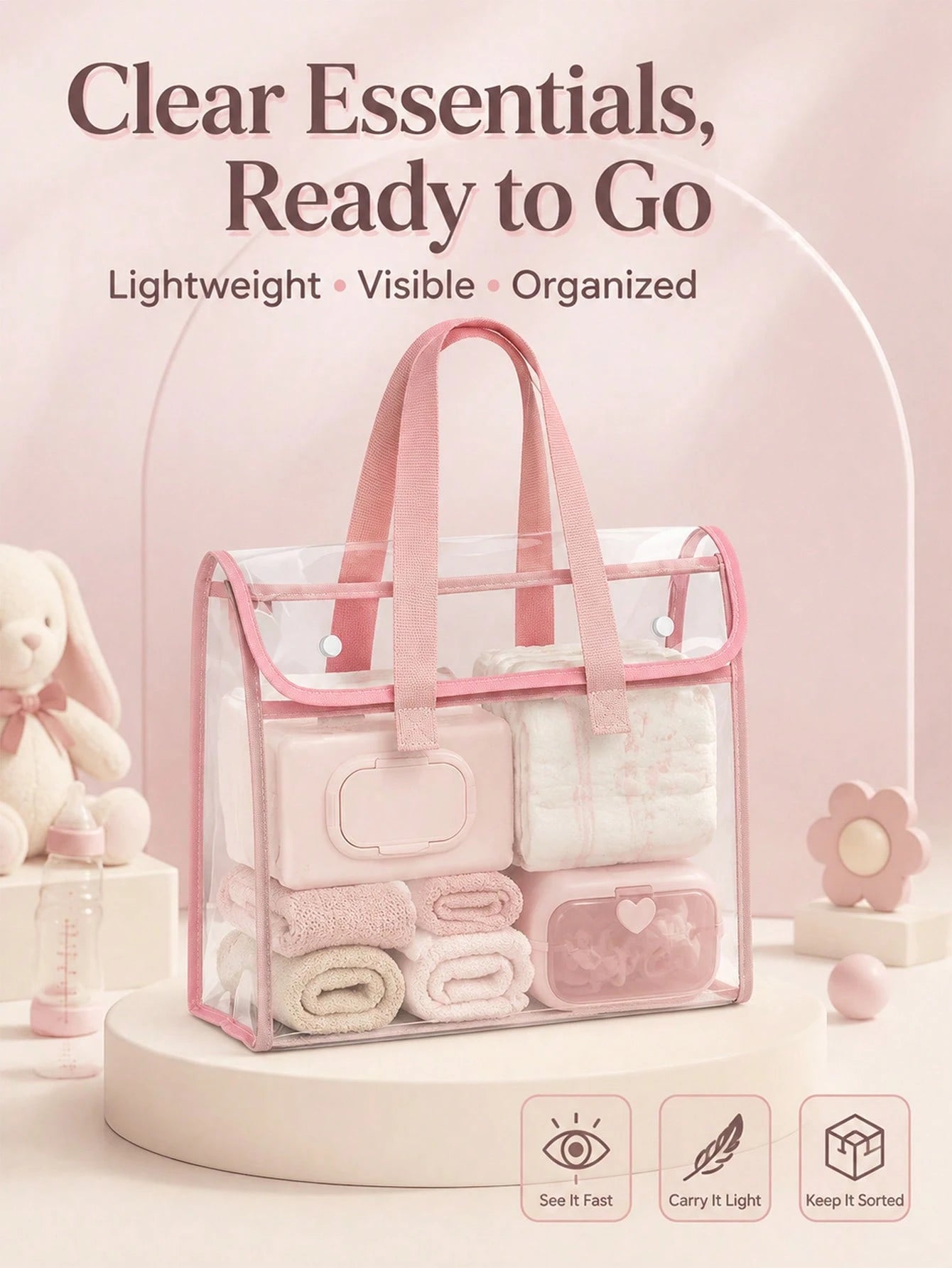 PVC Transparent Baby Storage Tote Bag, Multi-Function Organizer For Diapers, Bottles And Wipes, Portable Newborn Supplies Organizer Bag, Nursery Storage Basket With Handle For Carrying And Hanging, La