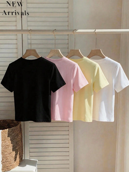 Qadelle 4pcs/Set Women's Embroidered Round Neck Short Sleeve Fitted Cropped T-Shirt,White,Summer,Basic,Casual,School,Back-To-School Unicorn Tee Shirts