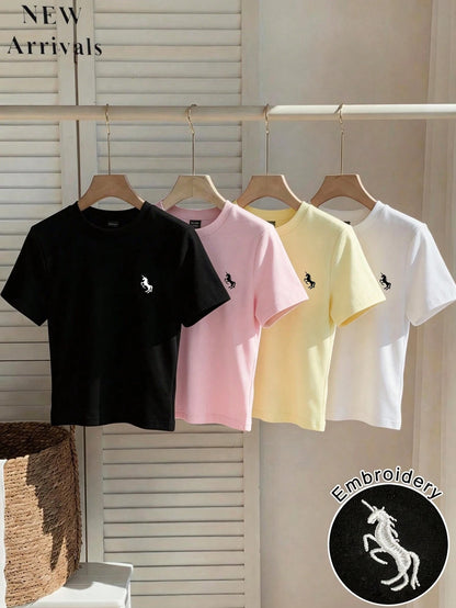 Qadelle 4pcs/Set Women's Embroidered Round Neck Short Sleeve Fitted Cropped T-Shirt,White,Summer,Basic,Casual,School,Back-To-School Unicorn Tee Shirts