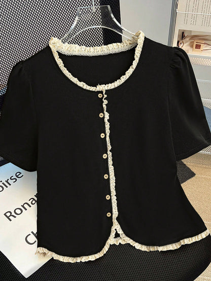 Qadelle Women's Elegant Contrasting Color Lace Trim T-Shirt, Summer