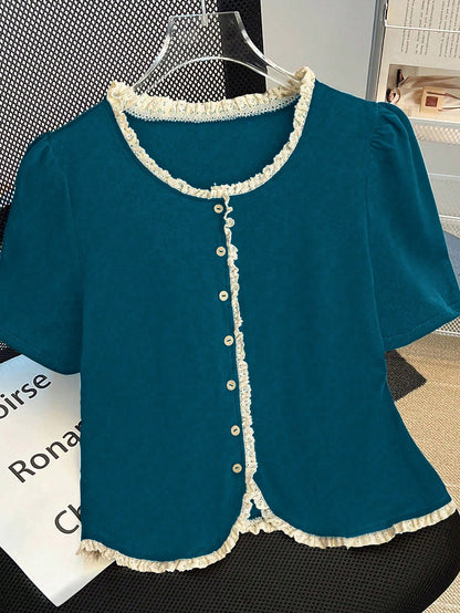 Qadelle Women's Elegant Contrasting Color Lace Trim T-Shirt, Summer