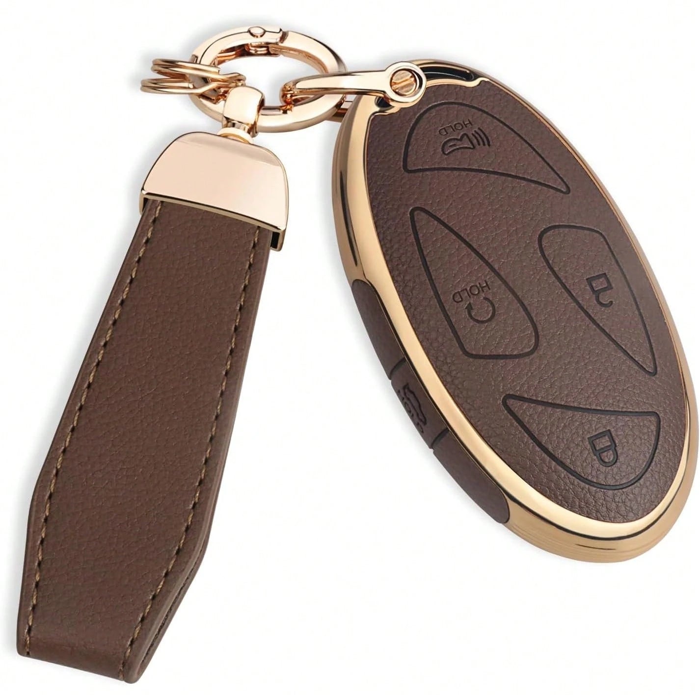 QBUC Fob Cover With Chain, Upper Leather + Soft TPU Car Ioniq 6 Grandeur GN7 Elanrtra Santa Fe Tucson (2023-2025) (Brown, 5 Buttons)