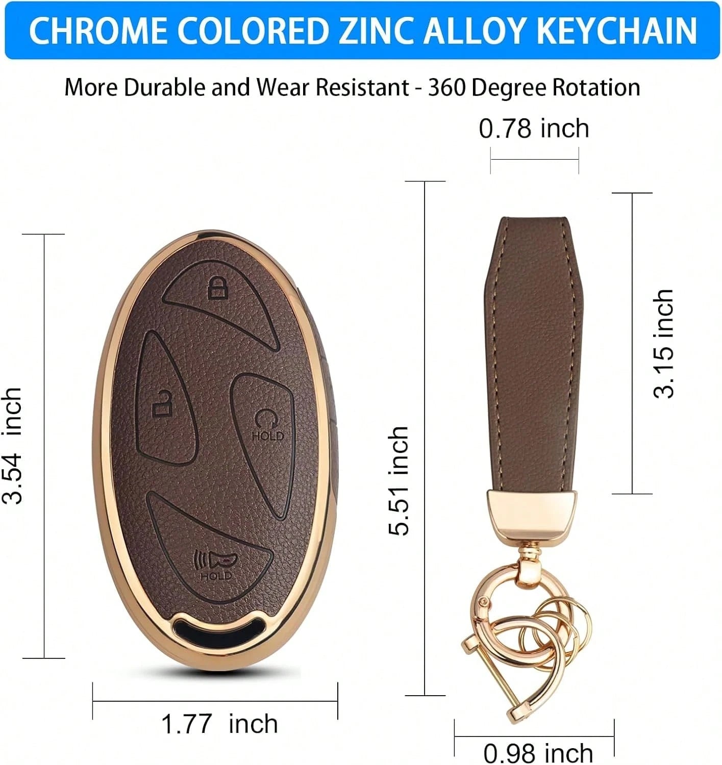 QBUC Fob Cover With Chain, Upper Leather + Soft TPU Car Ioniq 6 Grandeur GN7 Elanrtra Santa Fe Tucson (2023-2025) (Brown, 5 Buttons)