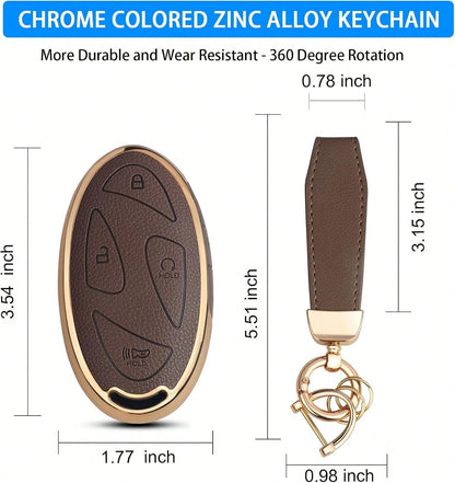 QBUC Fob Cover With Chain, Upper Leather + Soft TPU Car Ioniq 6 Grandeur GN7 Elanrtra Santa Fe Tucson (2023-2025) (Brown, 5 Buttons)